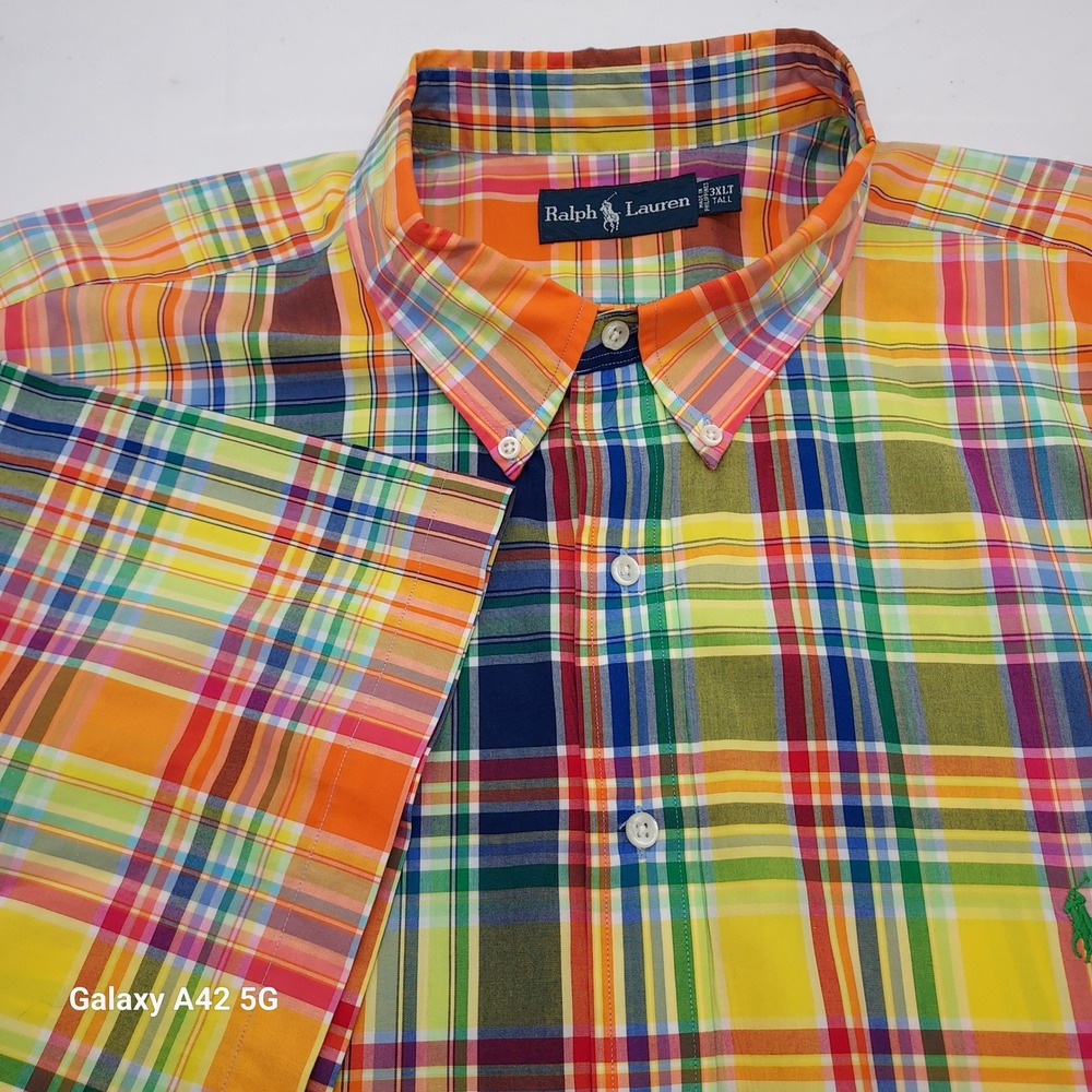 Ralph Lauren Mens 3XLT Madras Plaid Short Sleeve Button Down Shirt Multi Color